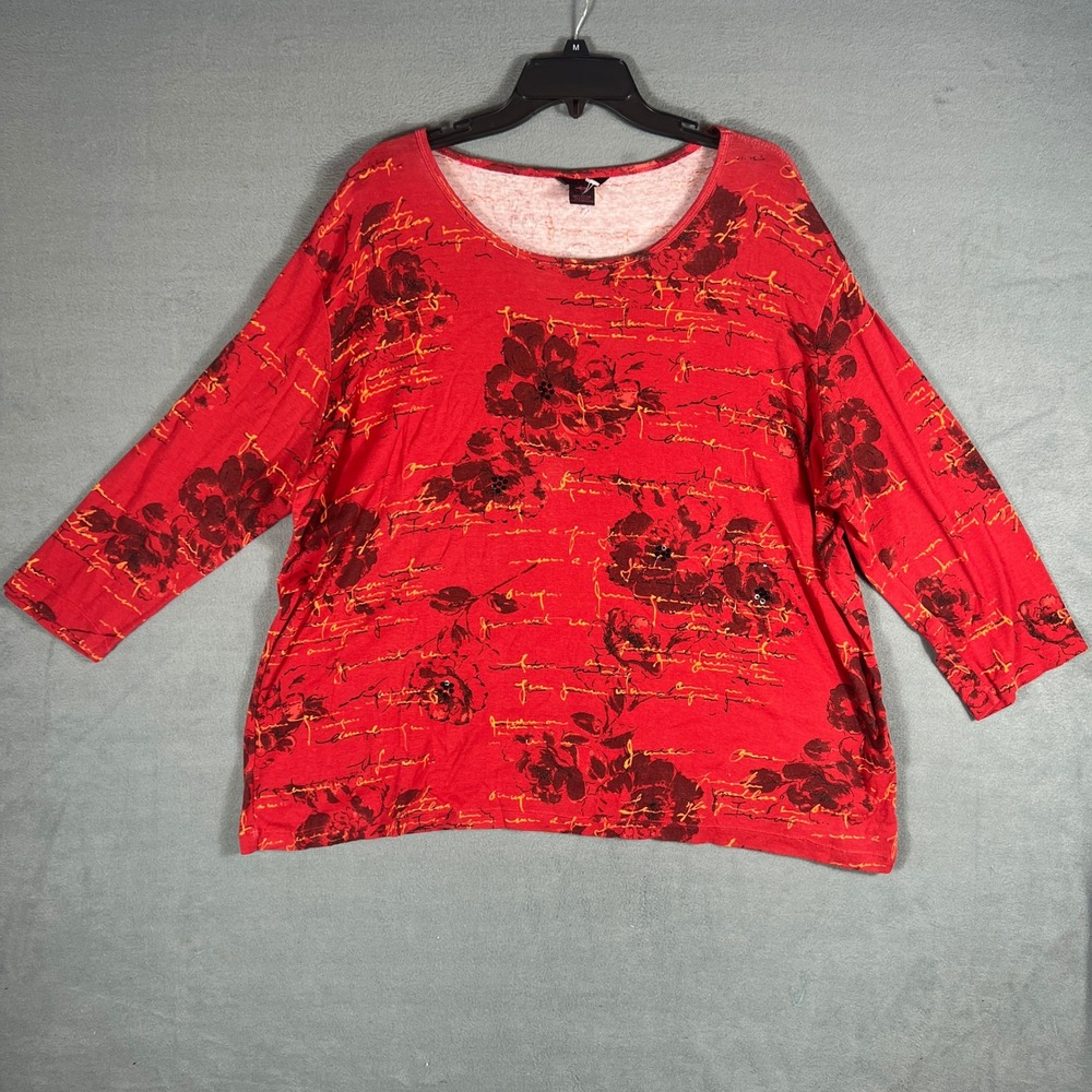 d/c Womens Top 2X Red Floral Script Vintage Y2K 3/4 Sleeve Beaded Accent